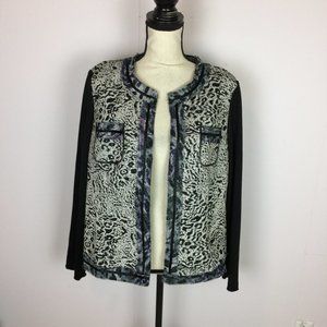 Chico's Jacket Size 2 Womans L Black Gray Purple Animal Print Open Front Stretch